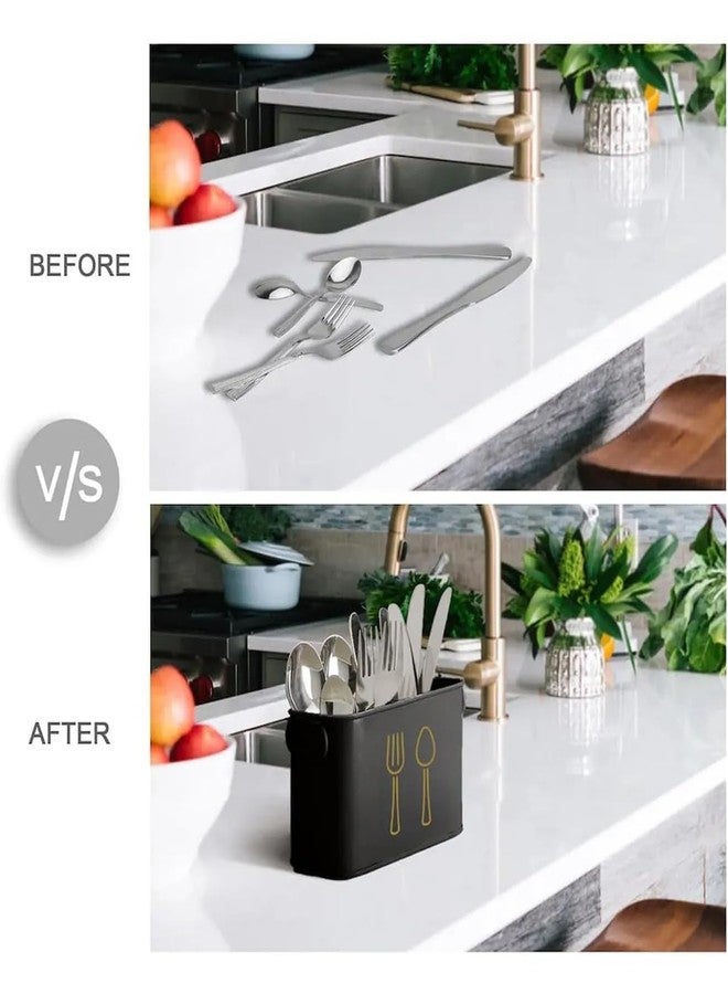 AG Enterprises Metal Utensil Holder, Black Dual-Compartment Cutlery Organizer, Gold Fork Spoon Design, Kitchen Countertop Flatware Caddy - Image 5